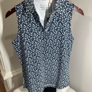 Stylish Navy and White Floral Sleeveless Golf Polo
